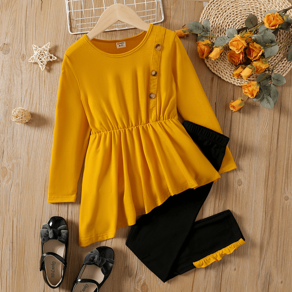 2pcs Kid Girl Button Design Irregular Hem Long-sleeve Tee and Ruffled Leggings Set Ginger big image 1