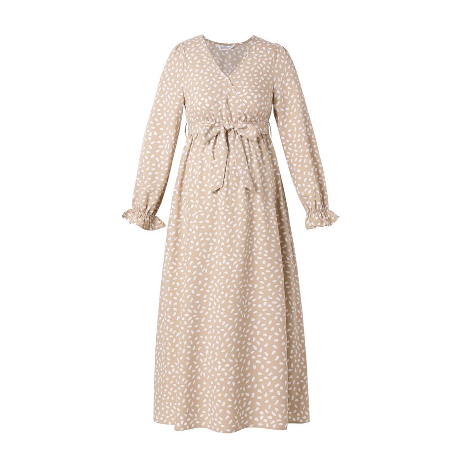Maternity Allover Print Long-sleeve Belted Dress Khaki