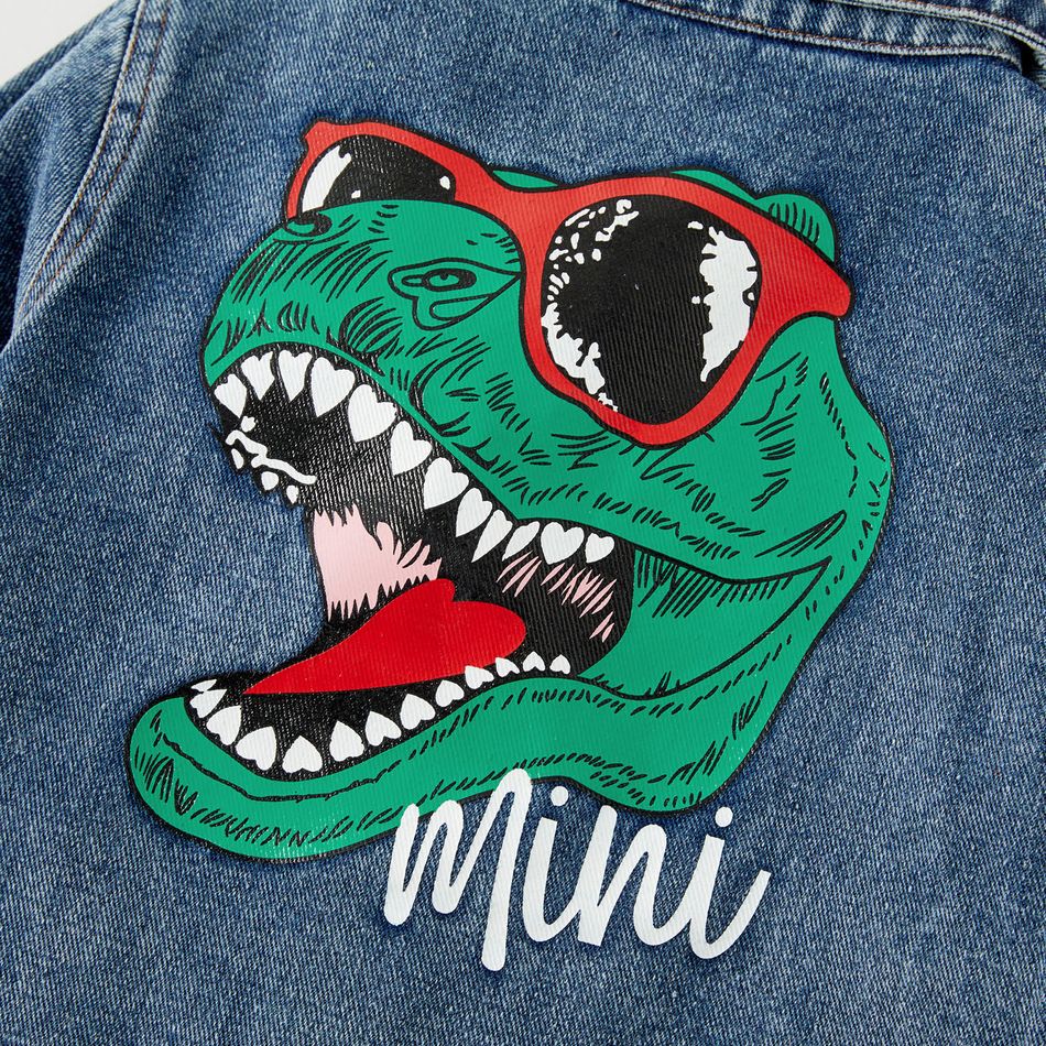 Mommy and Me Dinosaur & Letter Print Button Front Long-sleeve Denim Jacket Blue