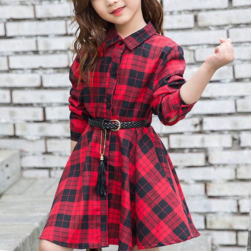 Kid Girl 100% Cotton Plaid Lapel Collar Long-sleeve Shirt Dress with Tasseled Belt Set Red