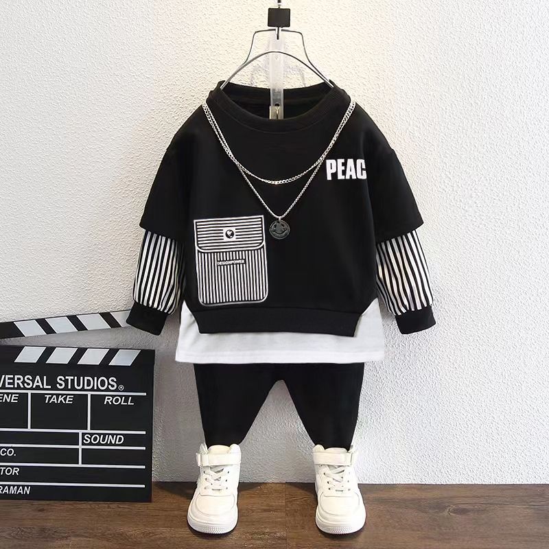 2pcs Kid Boy Faux-two Letter Print Striped Sweatshirt and Black Pants Set Black big image 1
