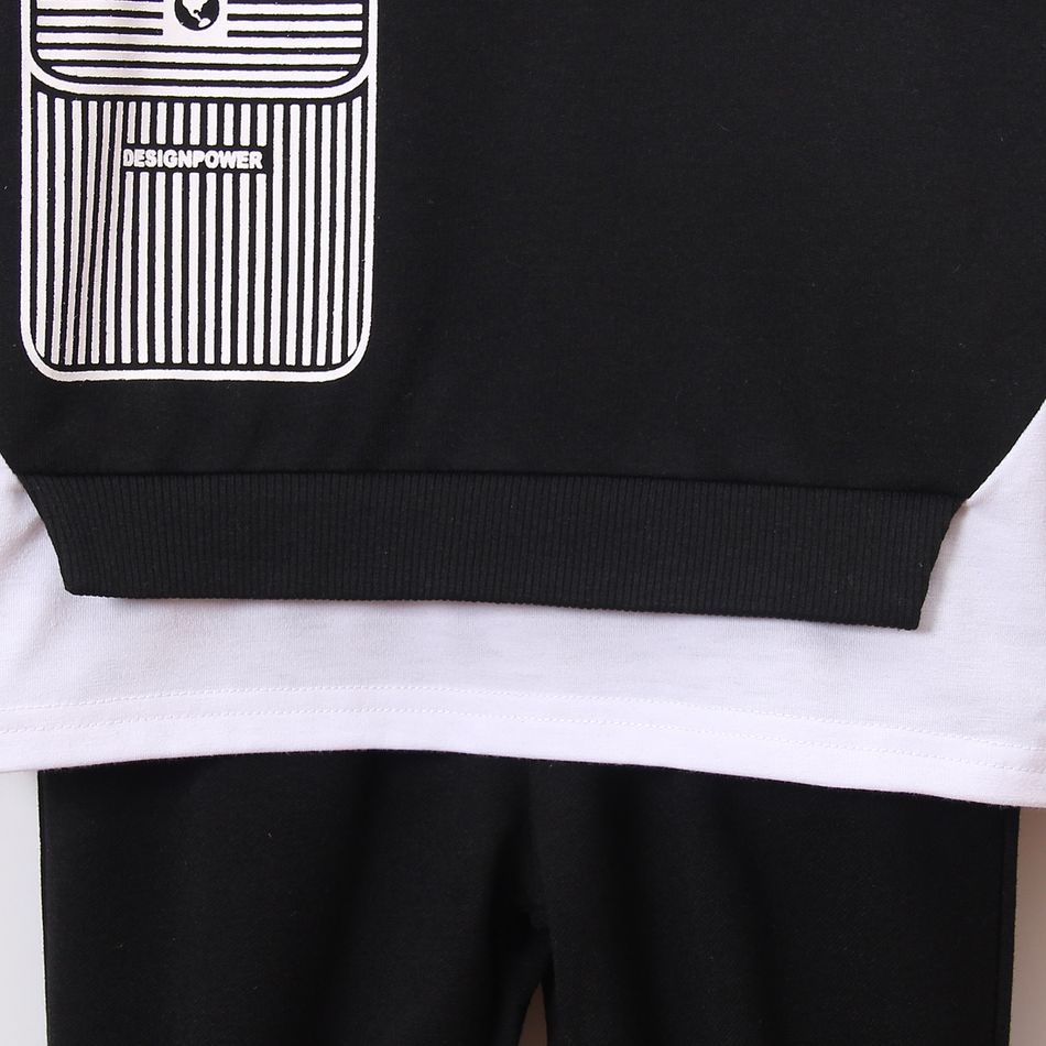 2pcs Kid Boy Faux-two Letter Print Striped Sweatshirt and Black Pants Set Black big image 5