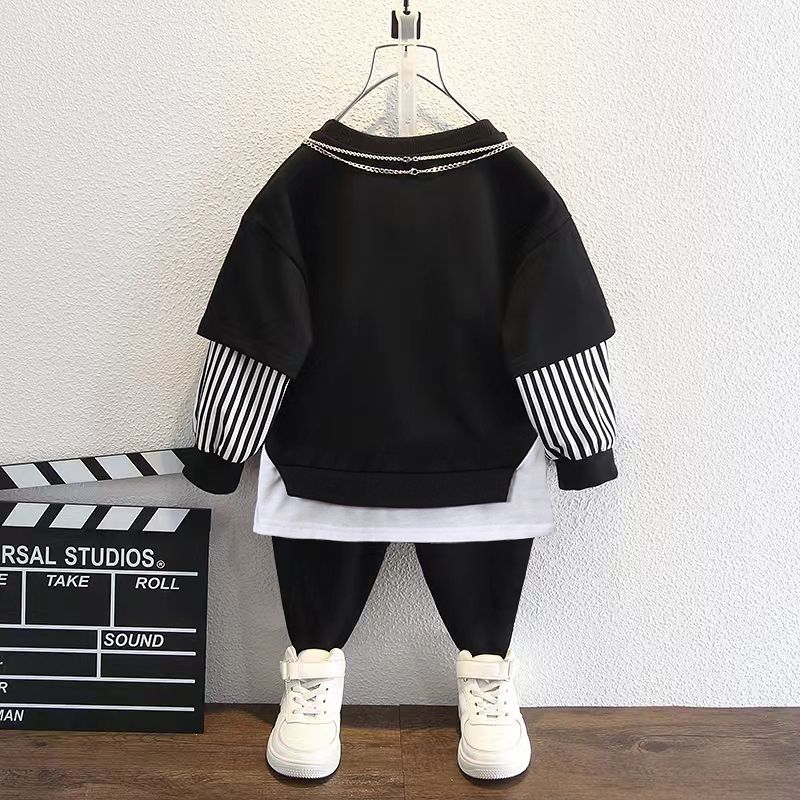 2pcs Kid Boy Faux-two Letter Print Striped Sweatshirt and Black Pants Set Black big image 8