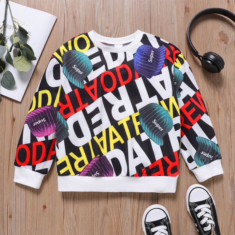 Kid Boy Letter Allover Print Pullover Sweatshirt Multi-color big image 1
