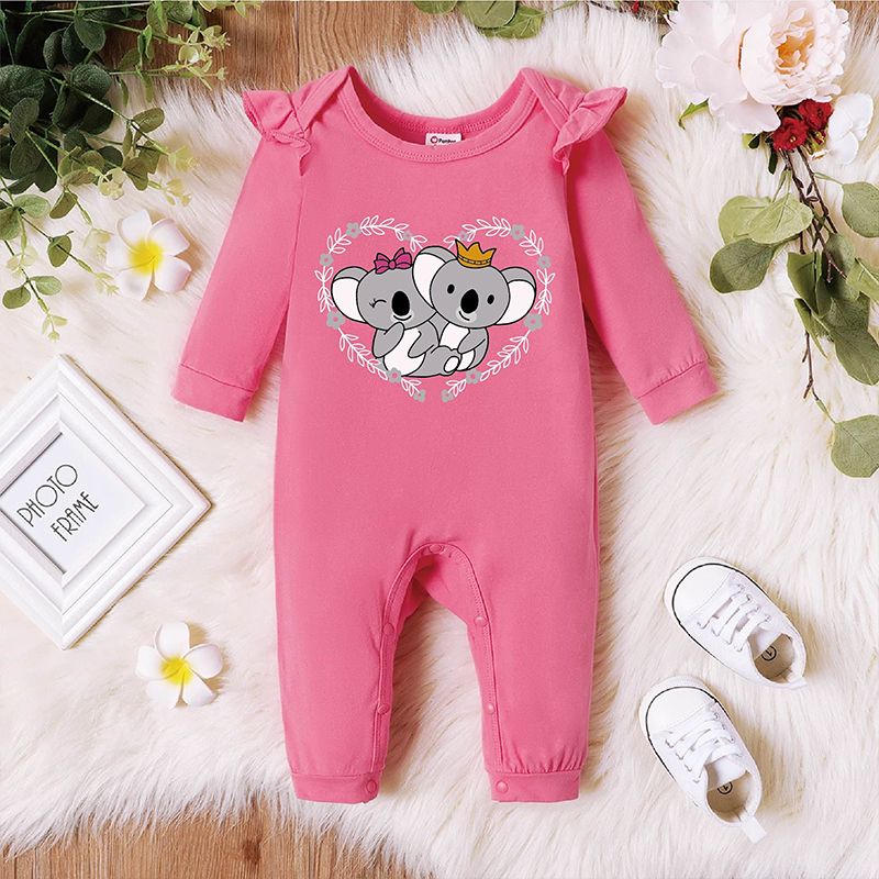 Baby Girl 95% Cotton Ruffle Long-sleeve Koala Print Pink Jumpsuit Dark Pink