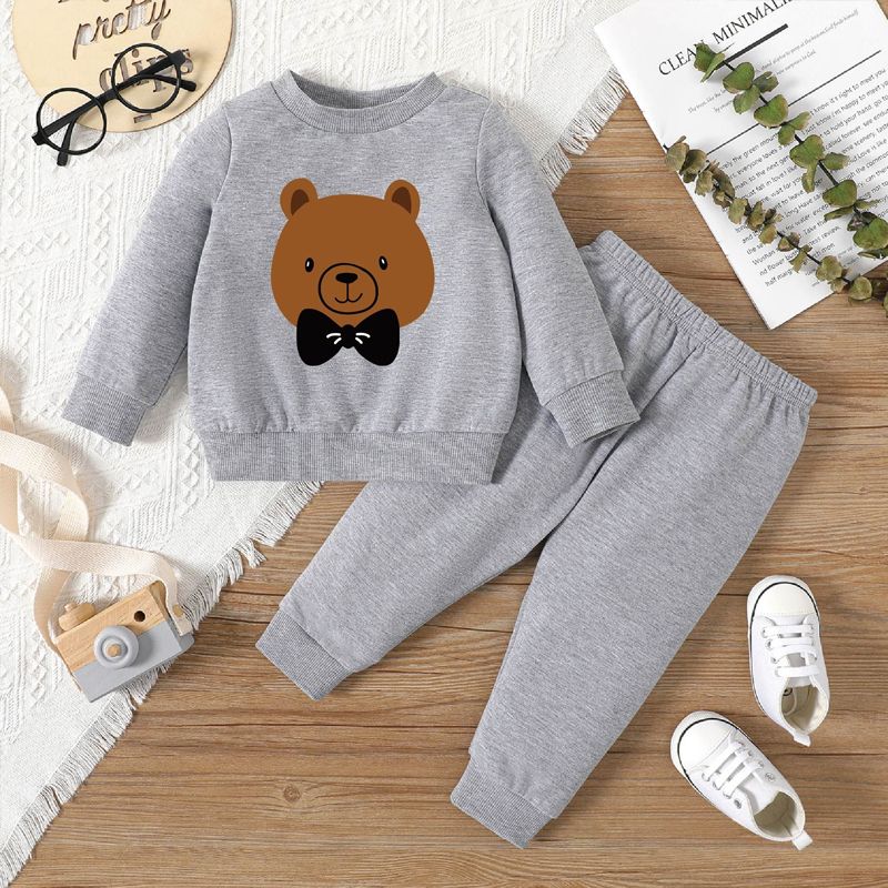 2pcs Baby Boy/Girl Bear Print Grey Long-sleeve Sweatshirt and Sweatpants Set MiddleAsh big image 1