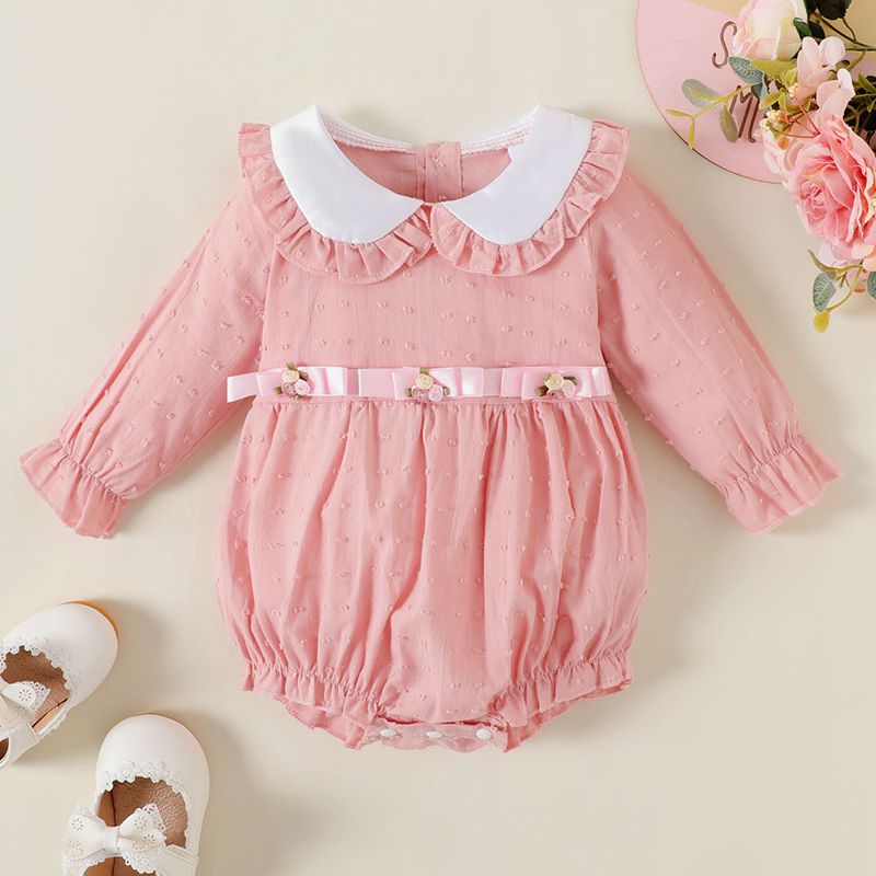 Baby Girl 100% Cotton Jacquard Dots Doll Collar Long-sleeve Pink Romper Pink