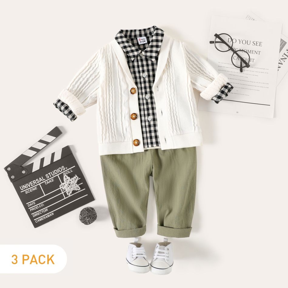3-Pack Baby Boy Cotton Pants and Long-sleeve Button Front Sweater Cardigan with Plaid Shirt Set ColorBlock