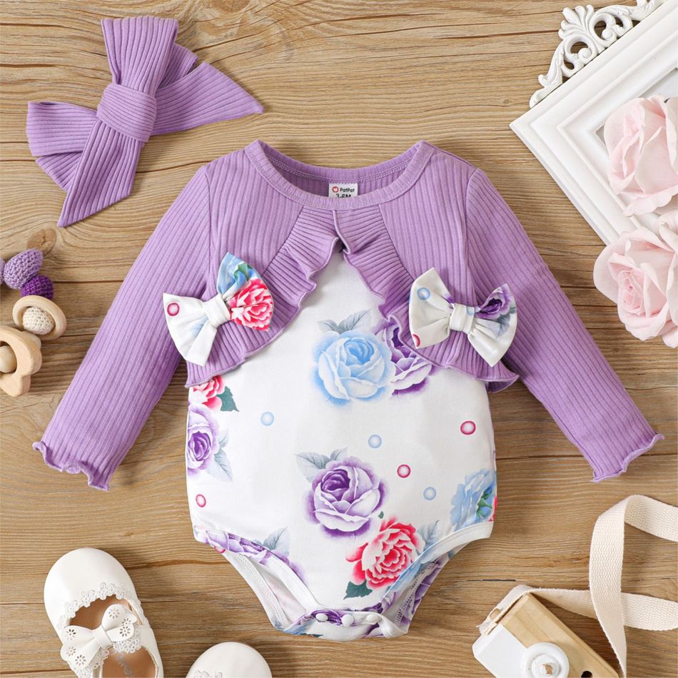 2pcs Baby Girl Purple Rib Knit Ruffle Trim Long-sleeve Spliced Floral Print Bow Front Romper with Headband Set LightMediumPurple