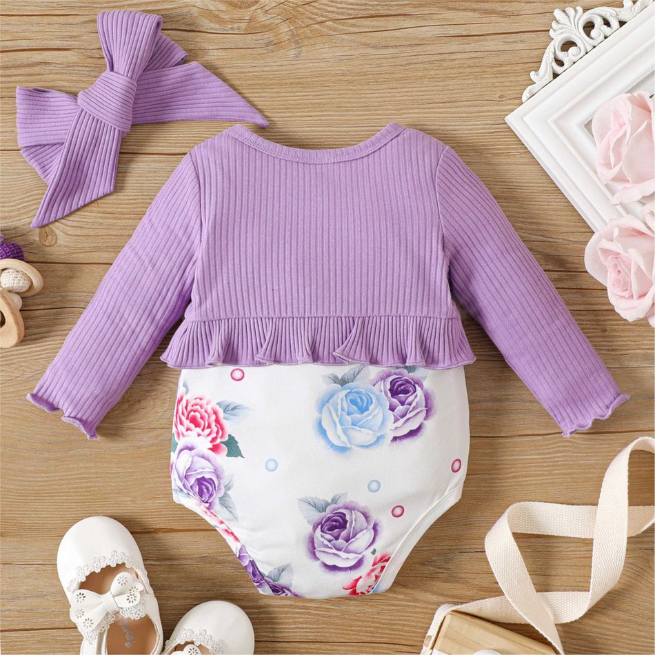 2pcs Baby Girl Purple Rib Knit Ruffle Trim Long-sleeve Spliced Floral Print Bow Front Romper with Headband Set LightMediumPurple big image 2