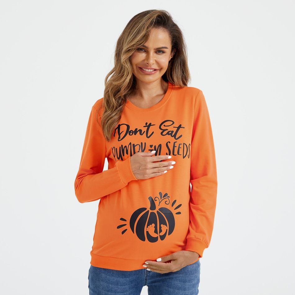 Maternity Halloween Pumpkin & Letter Print Long-sleeve Pullover Sweatshirt Orange big image 5