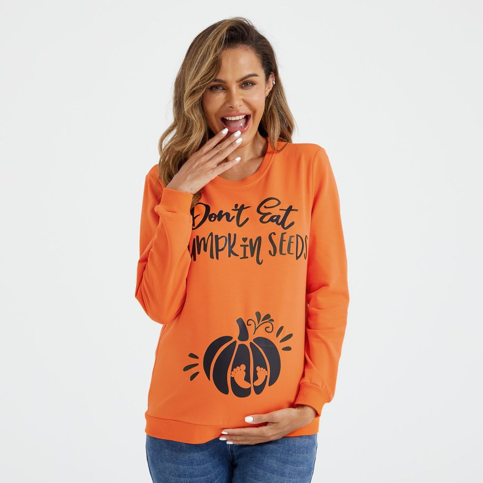 Maternity Halloween Pumpkin & Letter Print Long-sleeve Pullover Sweatshirt Orange big image 1