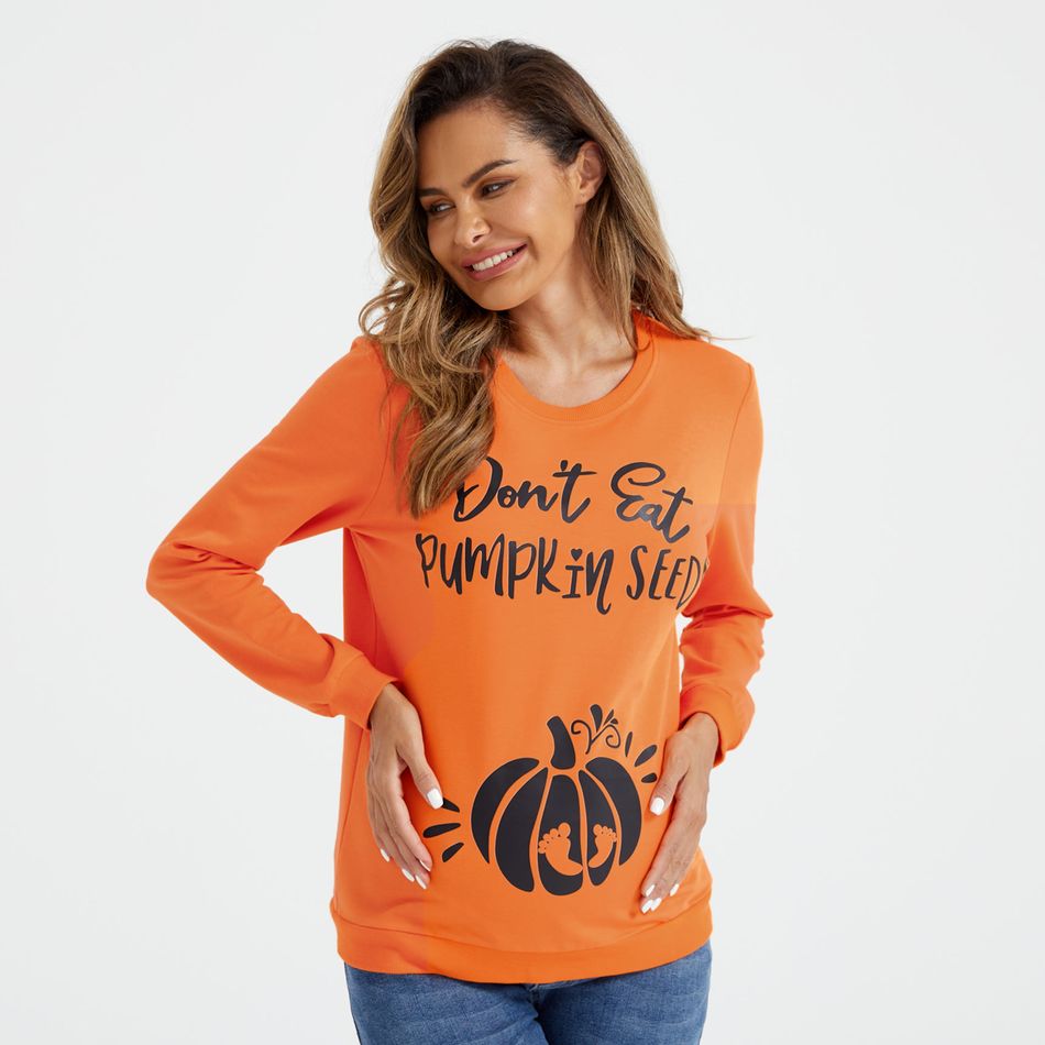 Maternity Halloween Pumpkin & Letter Print Long-sleeve Pullover Sweatshirt Orange big image 2