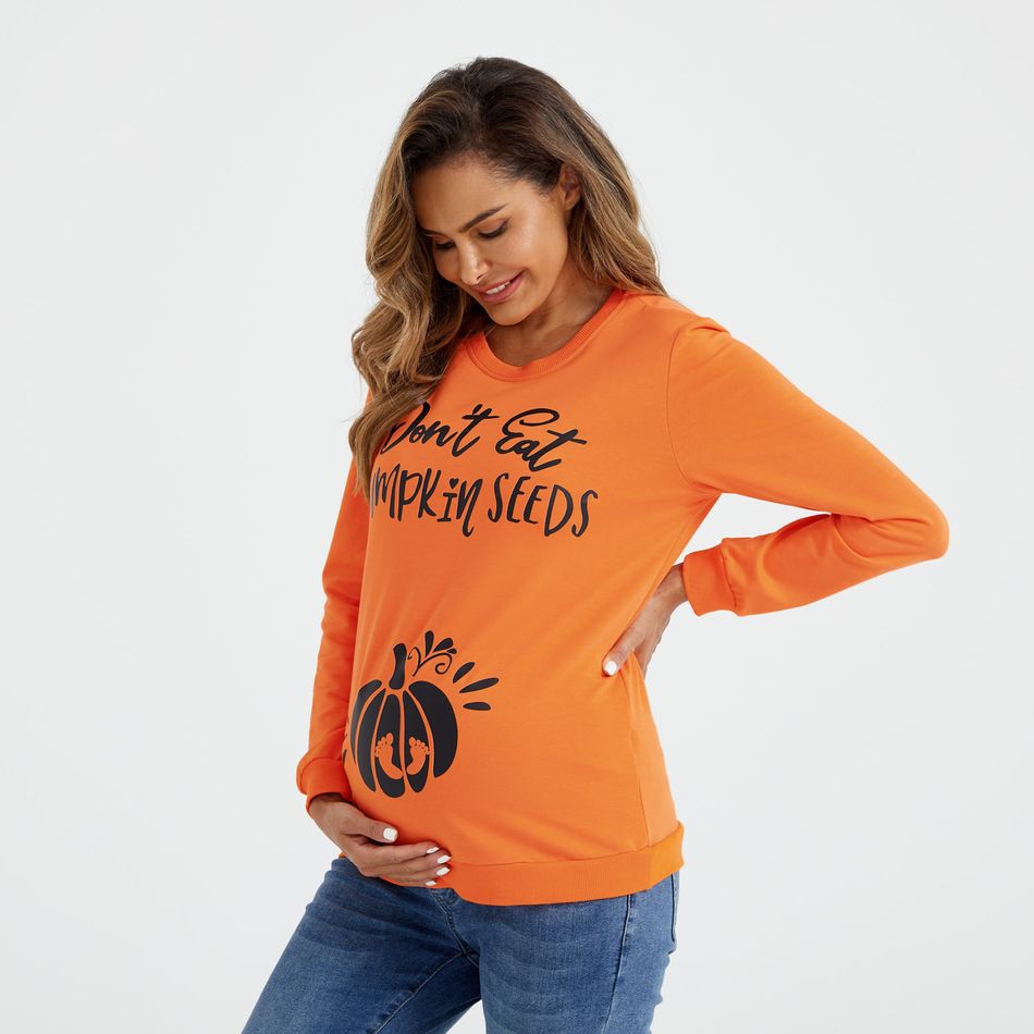 Maternity Halloween Pumpkin & Letter Print Long-sleeve Pullover Sweatshirt Orange big image 3