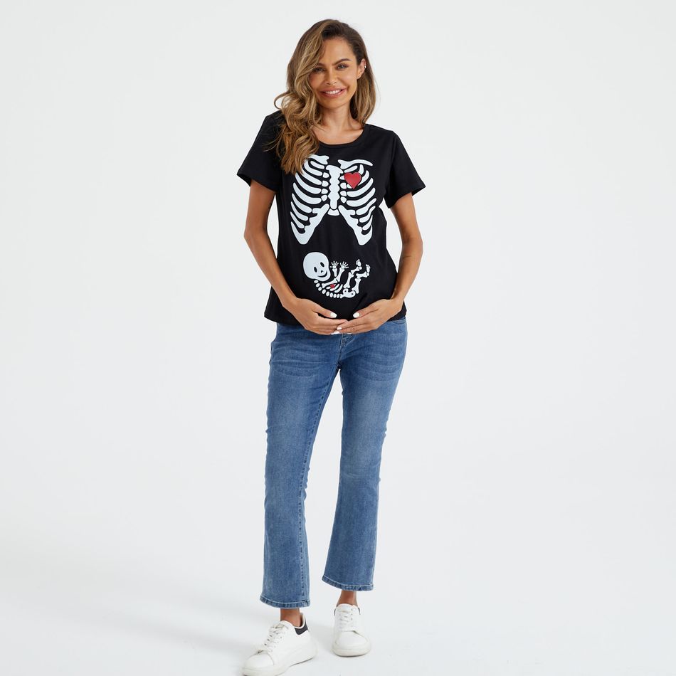 Maternity Halloween Skull Skeleton Print Short-sleeve Tee Black big image 7