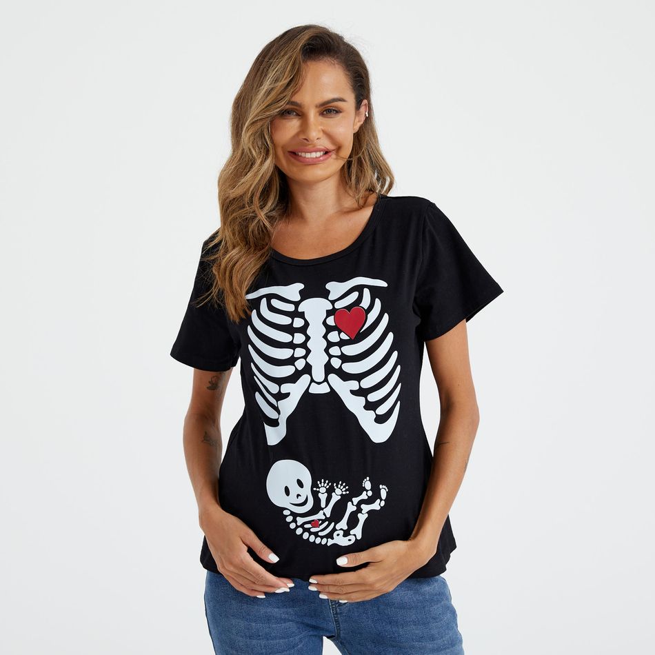 Maternity Halloween Skull Skeleton Print Short-sleeve Tee Black big image 4