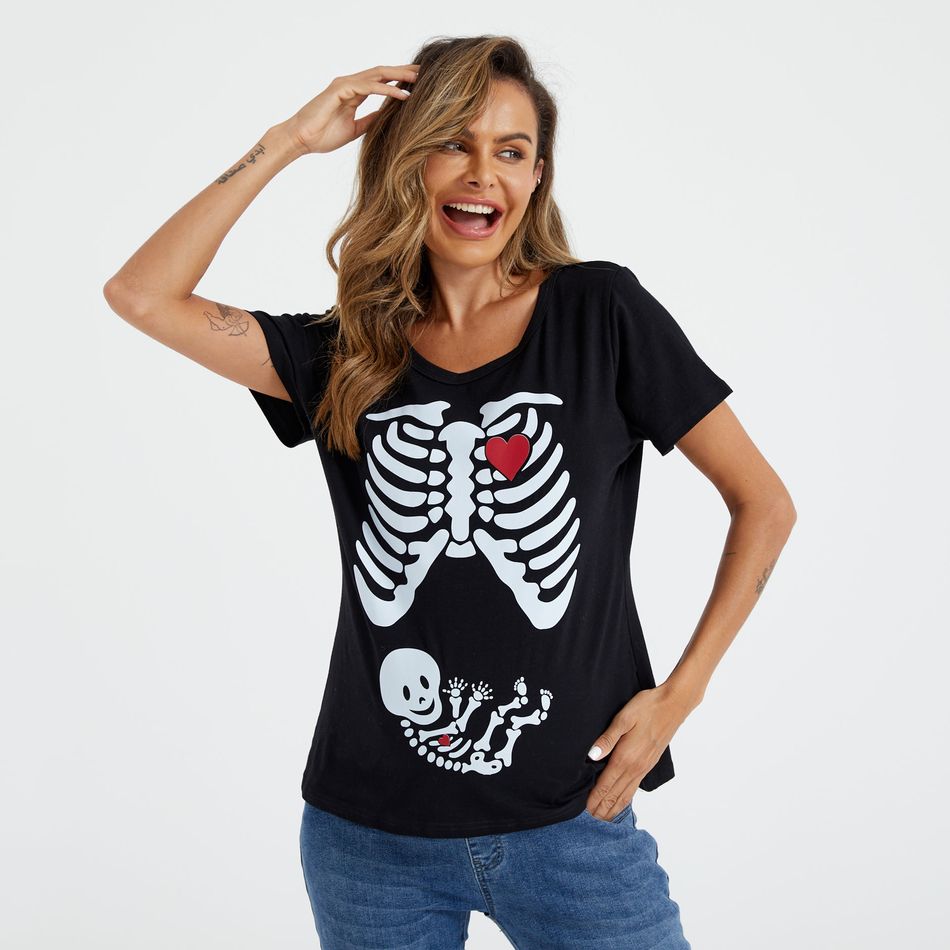Maternity Halloween Skull Skeleton Print Short-sleeve Tee Black big image 2