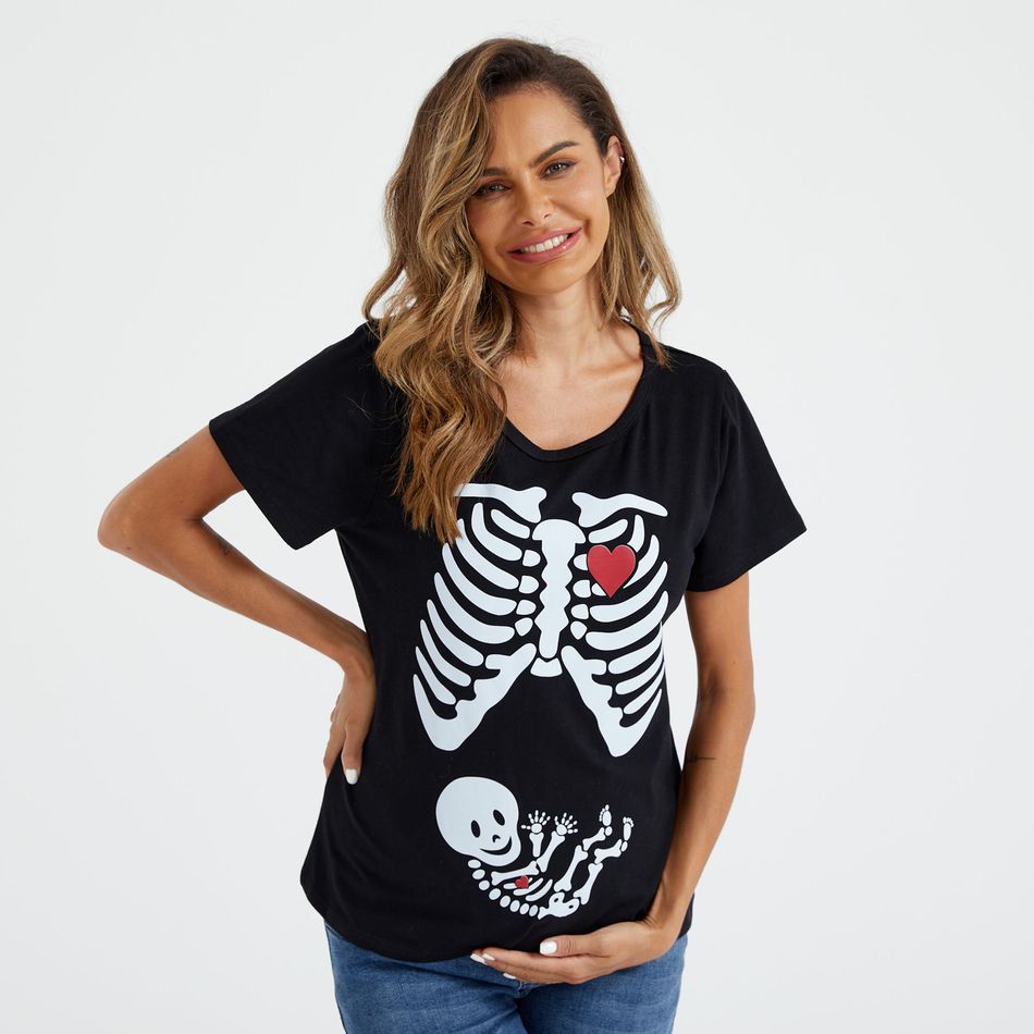 Maternity Halloween Skull Skeleton Print Short-sleeve Tee Black big image 1
