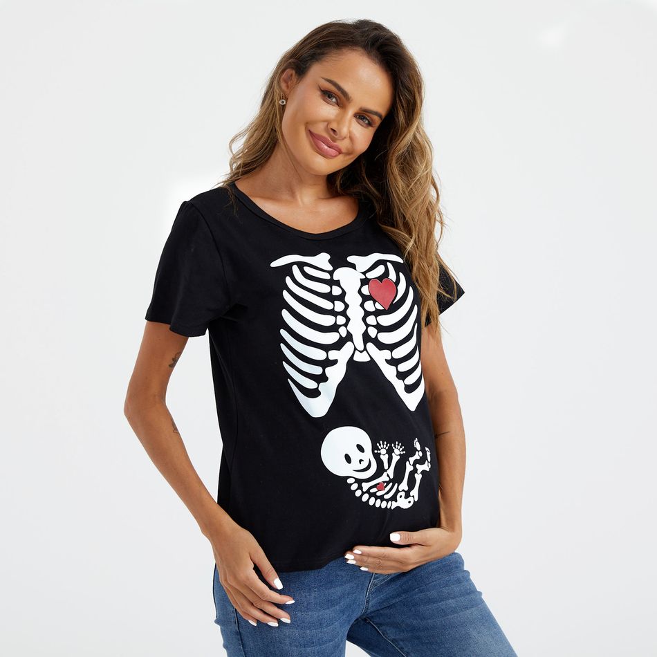 Maternity Halloween Skull Skeleton Print Short-sleeve Tee Black big image 3