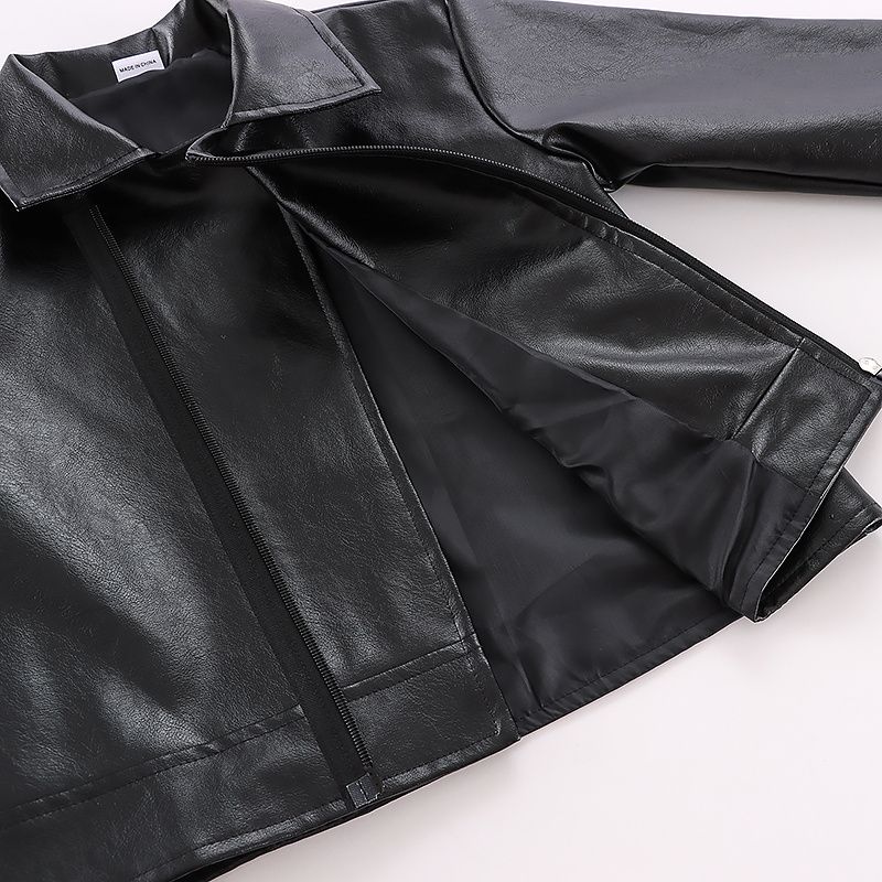 Toddler Boy Trendy Lapel Collar Black Faux Leather PU Jacket Black big image 4