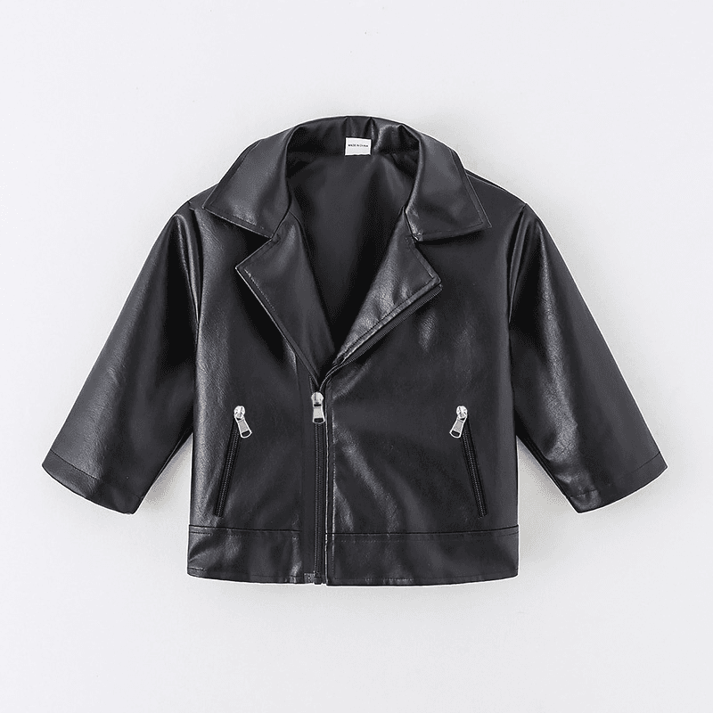 Toddler Boy Trendy Lapel Collar Black Faux Leather PU Jacket Black big image 1