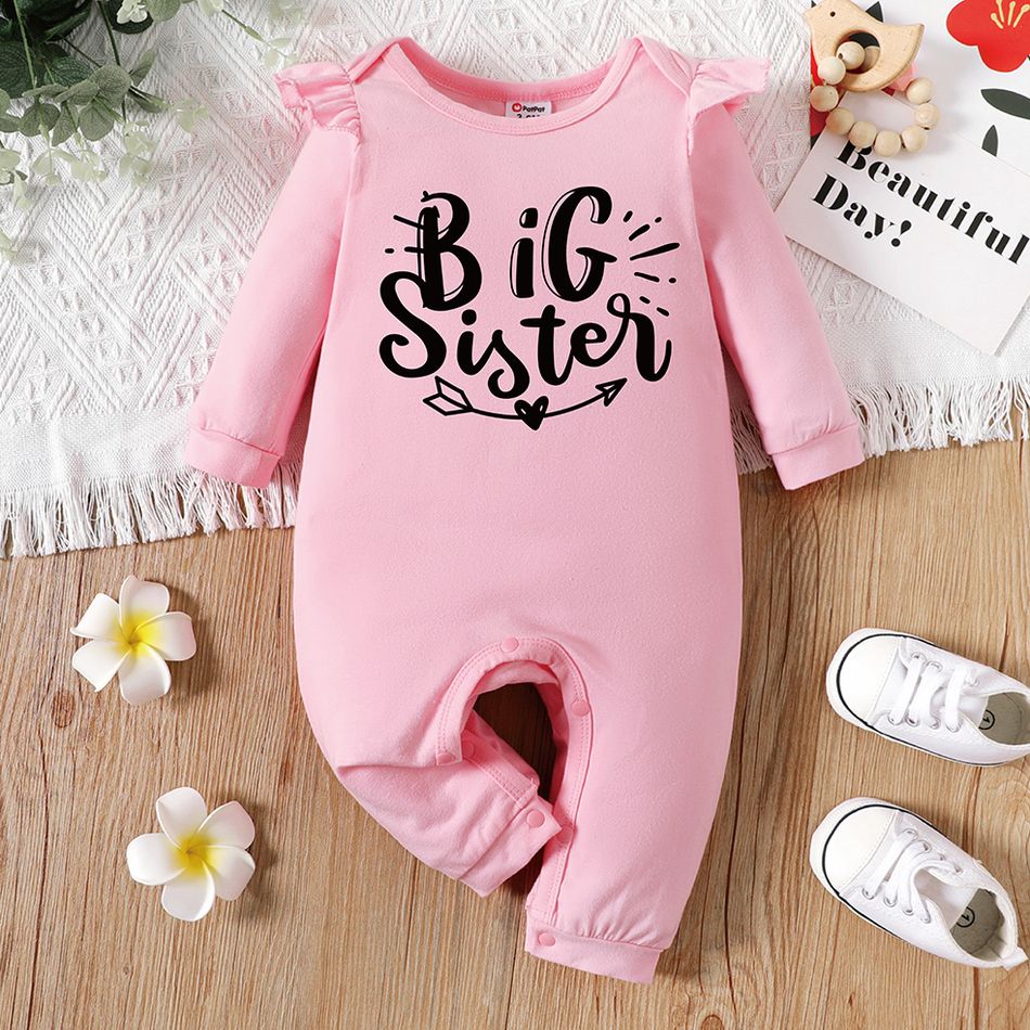 Baby Girl 95% Cotton Ruffle Long-sleeve Letter Print Jumpsuit Light Pink