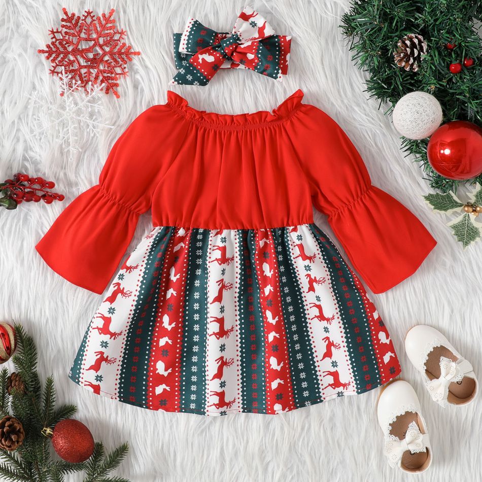 Christmas 2pcs Baby Girl Frill Off Shoulder Bell-sleeve Solid Spliced Print Dress with Headband Set Red-2