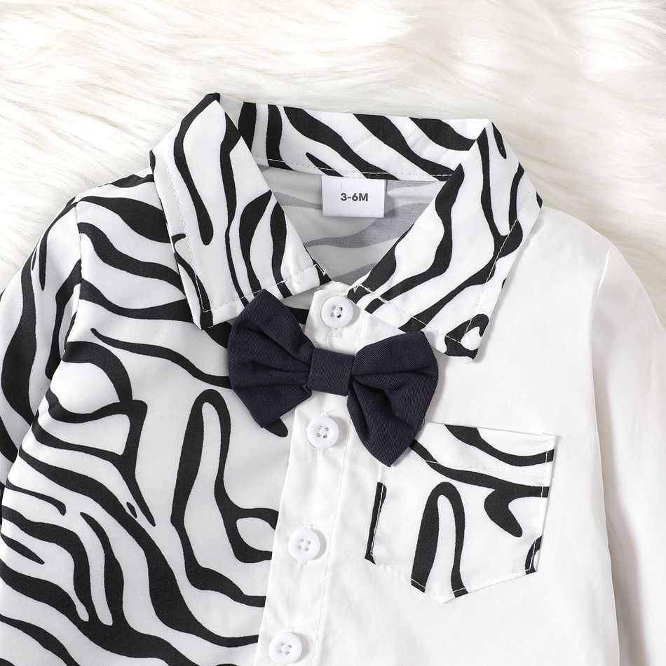 2pcs Baby Boy 100% Cotton Suspender Pants and Zebra Print Long-sleeve Shirt Set White big image 4