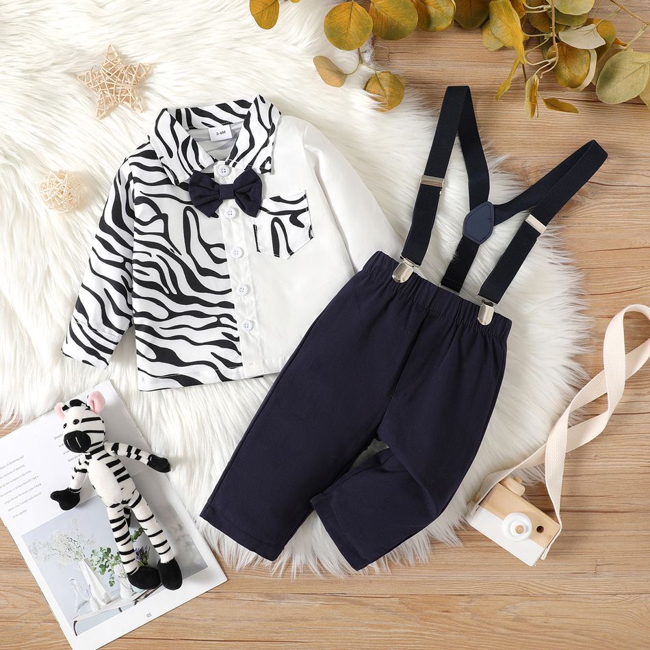 2pcs Baby Boy 100% Cotton Suspender Pants and Zebra Print Long-sleeve Shirt Set White big image 2