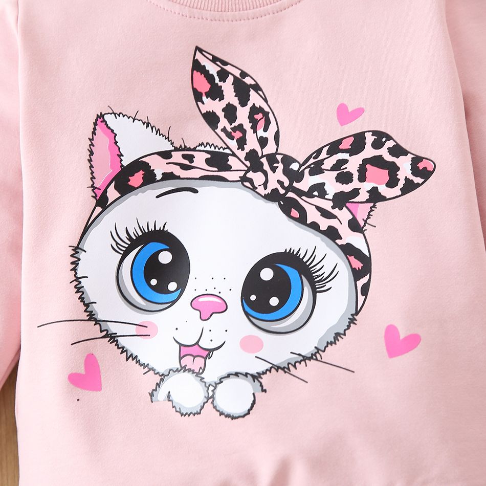 2pcs Kid Girl Cat Kitty Print Pink Sweatshirt and Paw Print Leggings Set Pink big image 3