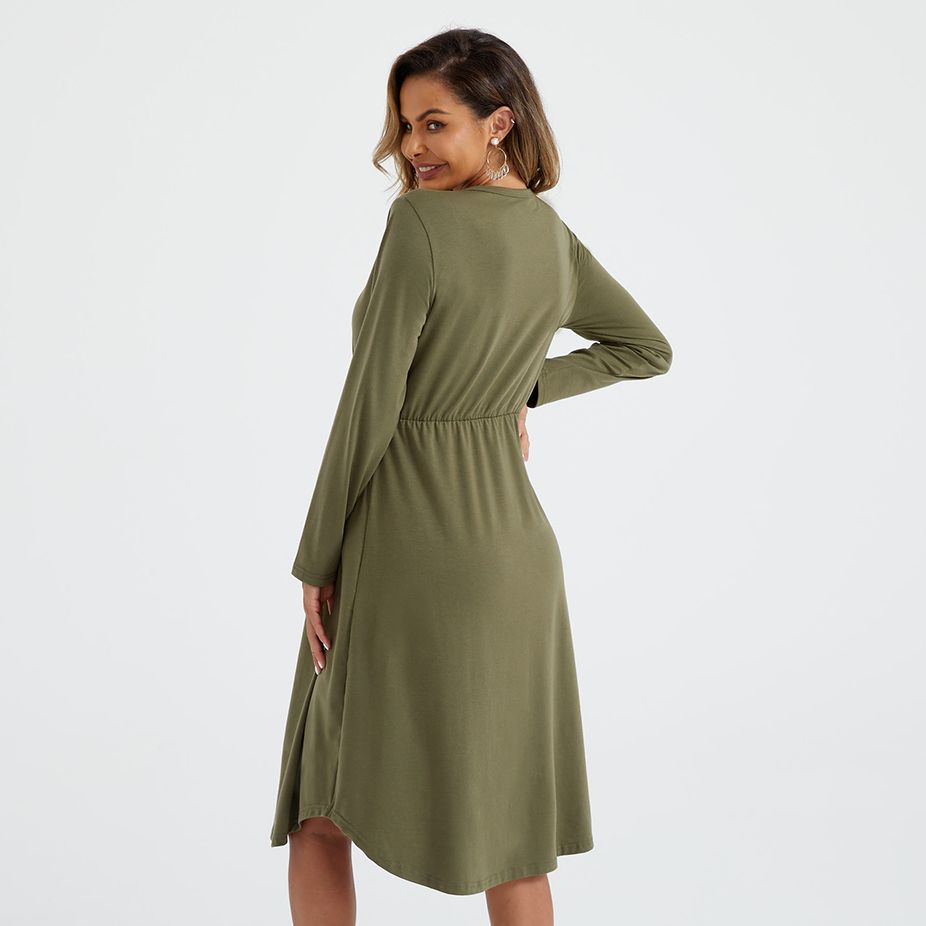 Nursing Simple Plain Long-sleeve Dress Army green big image 5