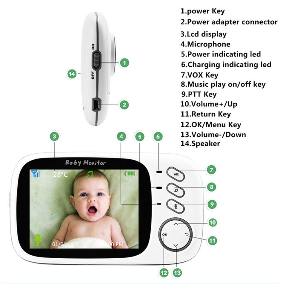 VB603 Video Baby Monitor 3.2 Inches Wireless Camera 2 Way Talk Night Vision Surveillance with Temperature Monitor and Lullabies White