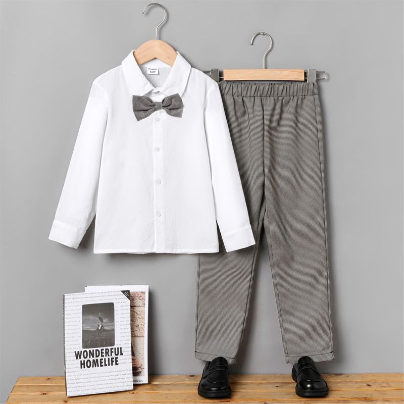 2pcs Kid Boy Lapel Collar Bow tie Design White Shirt and Houndstooth Pants Party Set White