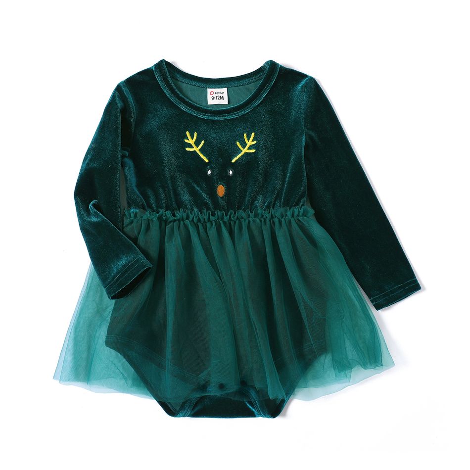 Christmas Sibling Matching Deer Embroidered Green Velvet Long-sleeve Spliced Mesh Dresses blackishgreen big image 3
