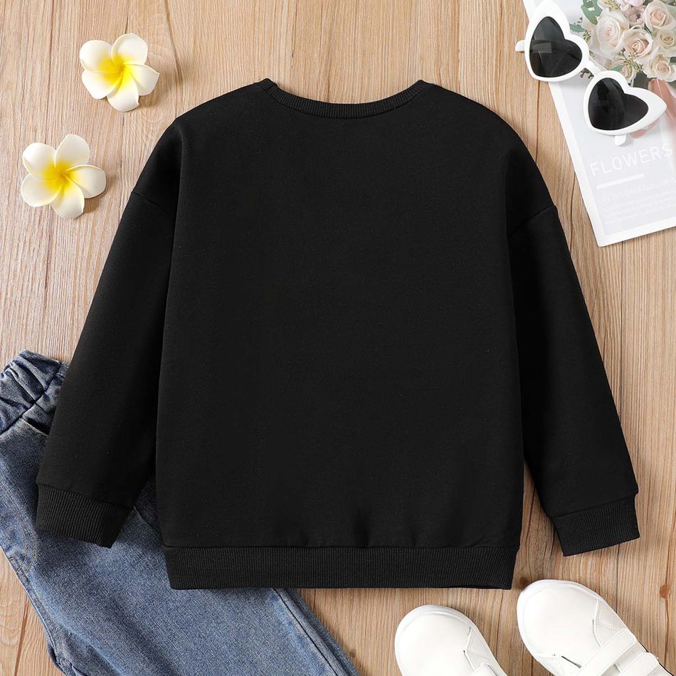 Kid Girl Casual Letter Print Pocket Design Cotton Sweatshirt Black big image 4