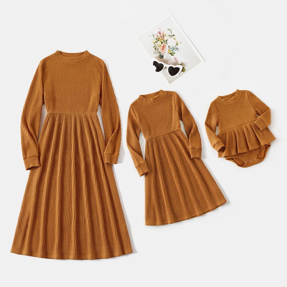 Brown Rib Knit Mock Neck Long-sleeve Midi Dress for Mom and Me dilutebrown big image 1