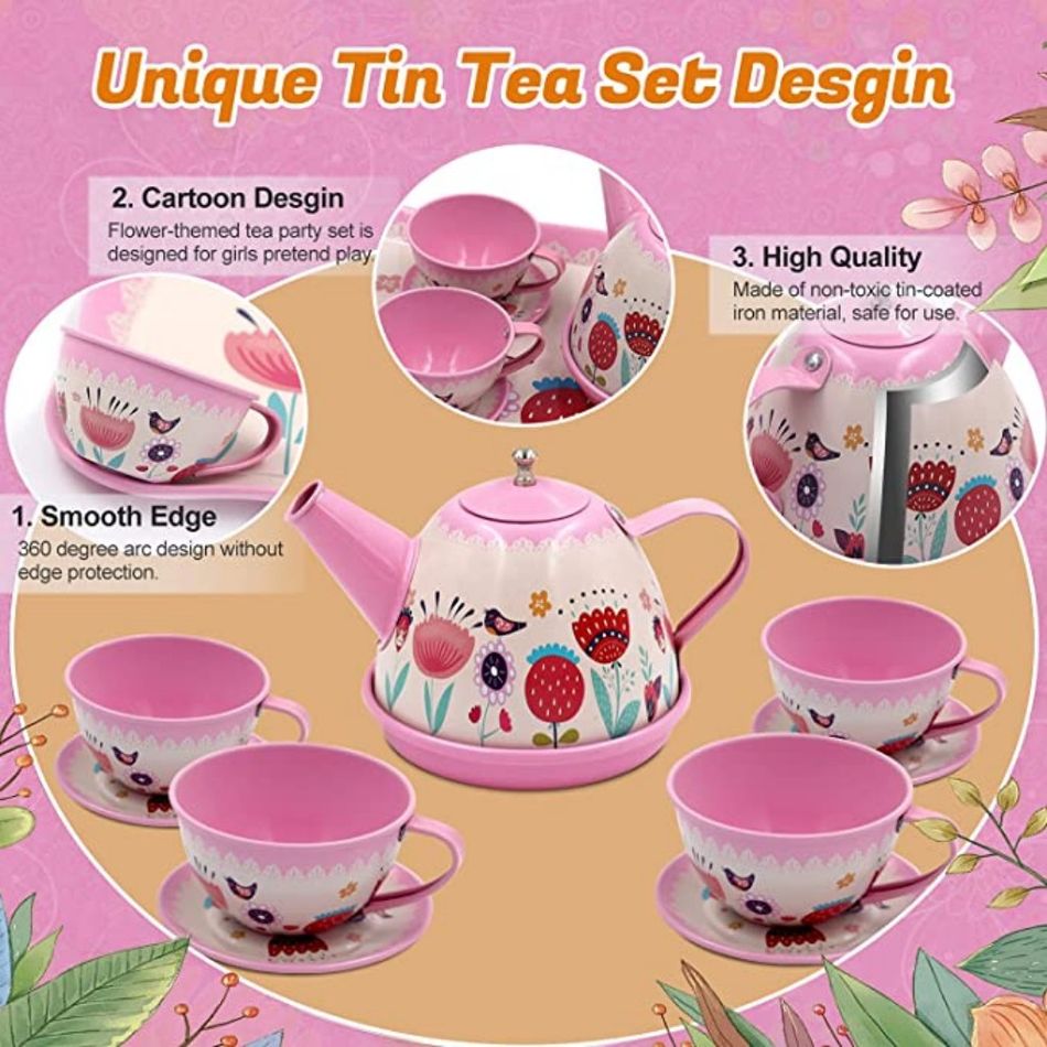 26pcs jogo de chá rosa para meninas jogo da hora do chá da tarde com estojo de transporte Rosa big image 3