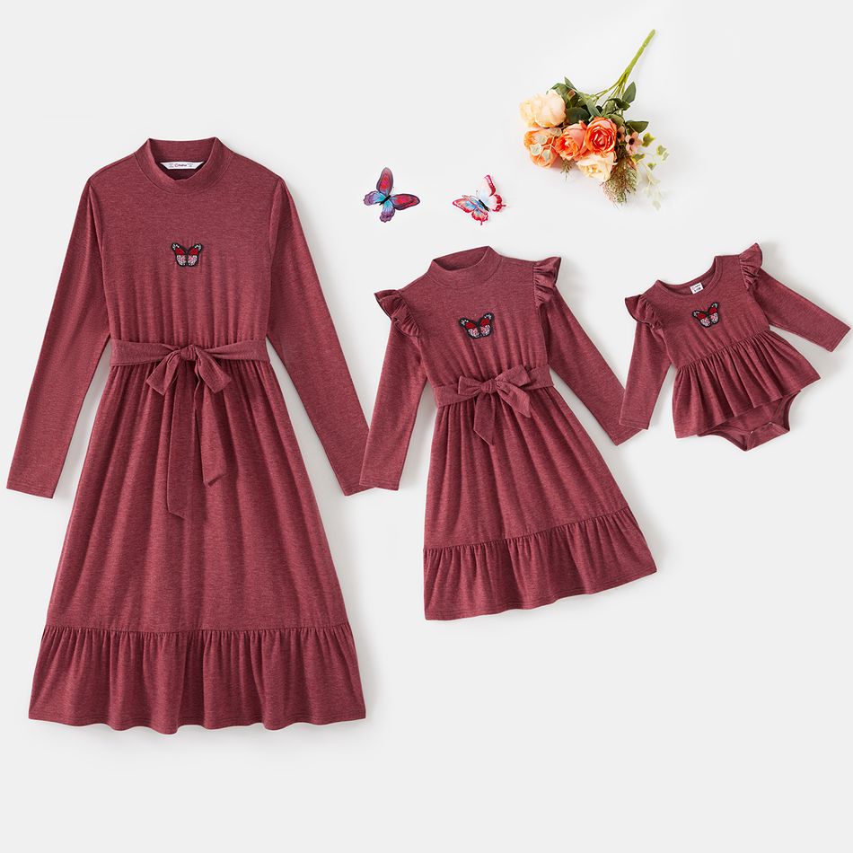 Mommy and Me Butterfly Embroidered Solid Mock Neck Long-sleeve Belted Ruffle Hem Midi Dress MAROON big image 1