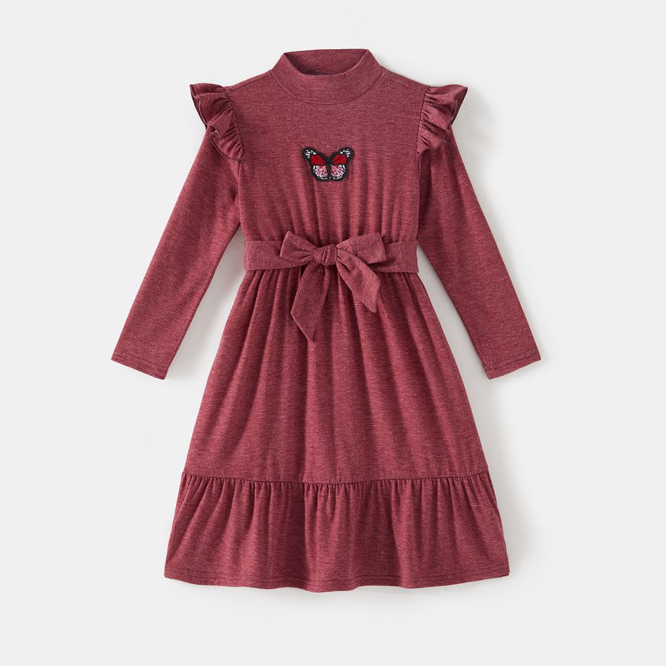 Mommy and Me Butterfly Embroidered Solid Mock Neck Long-sleeve Belted Ruffle Hem Midi Dress MAROON big image 6