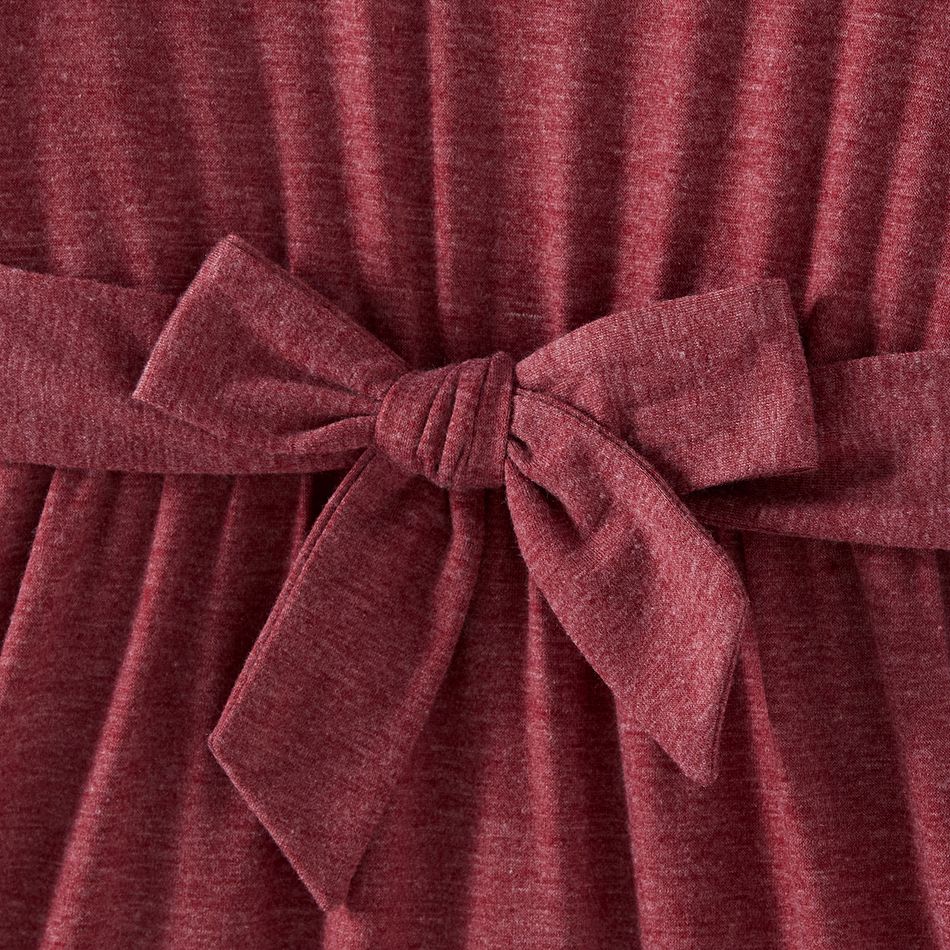 Mommy and Me Butterfly Embroidered Solid Mock Neck Long-sleeve Belted Ruffle Hem Midi Dress MAROON big image 9