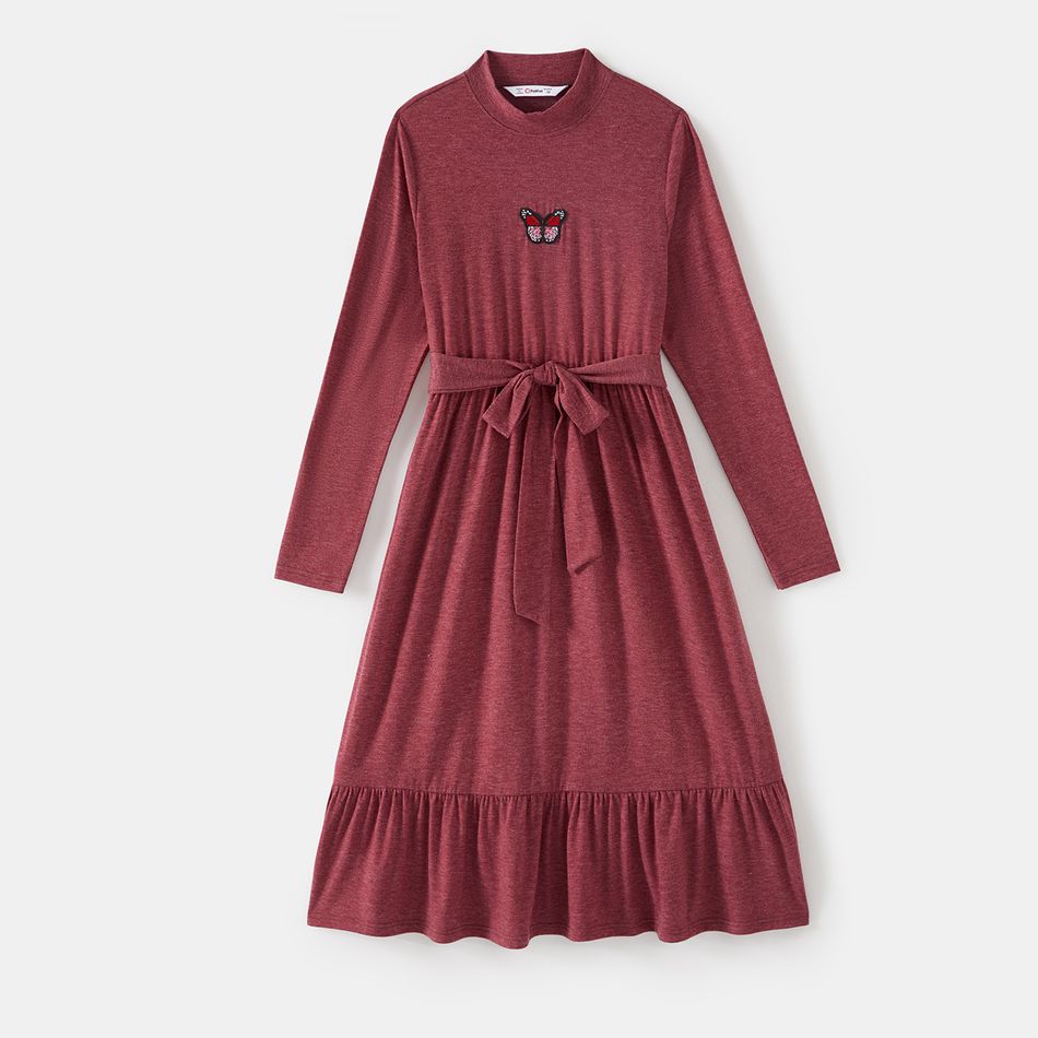 Mommy and Me Butterfly Embroidered Solid Mock Neck Long-sleeve Belted Ruffle Hem Midi Dress MAROON big image 2