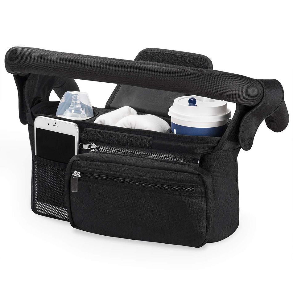 Universal Baby Stroller Organizer with 2 Insulated Cup Holders Detachable Pocket Mesh Pocket Adjustable Shoulder Strap Black big image 1