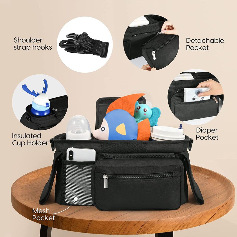 Universal Baby Stroller Organizer with 2 Insulated Cup Holders Detachable Pocket Mesh Pocket Adjustable Shoulder Strap Black big image 2