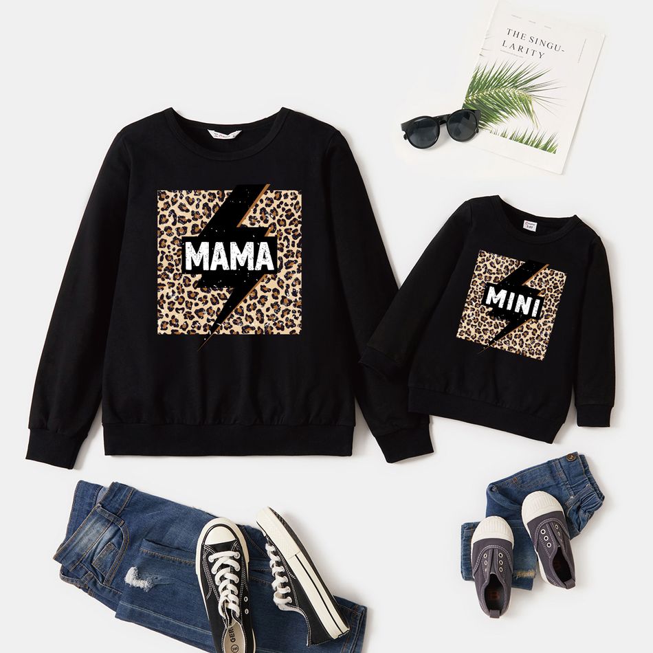 100% Cotton Long-sleeve Leopard & Letter Print Black Sweatshirts for Mom and Me Black