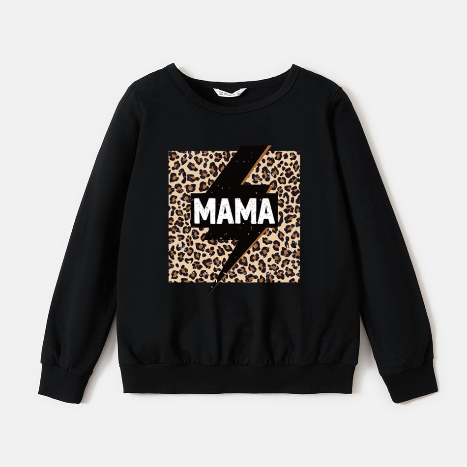 100% Cotton Long-sleeve Leopard & Letter Print Black Sweatshirts for Mom and Me Black big image 2