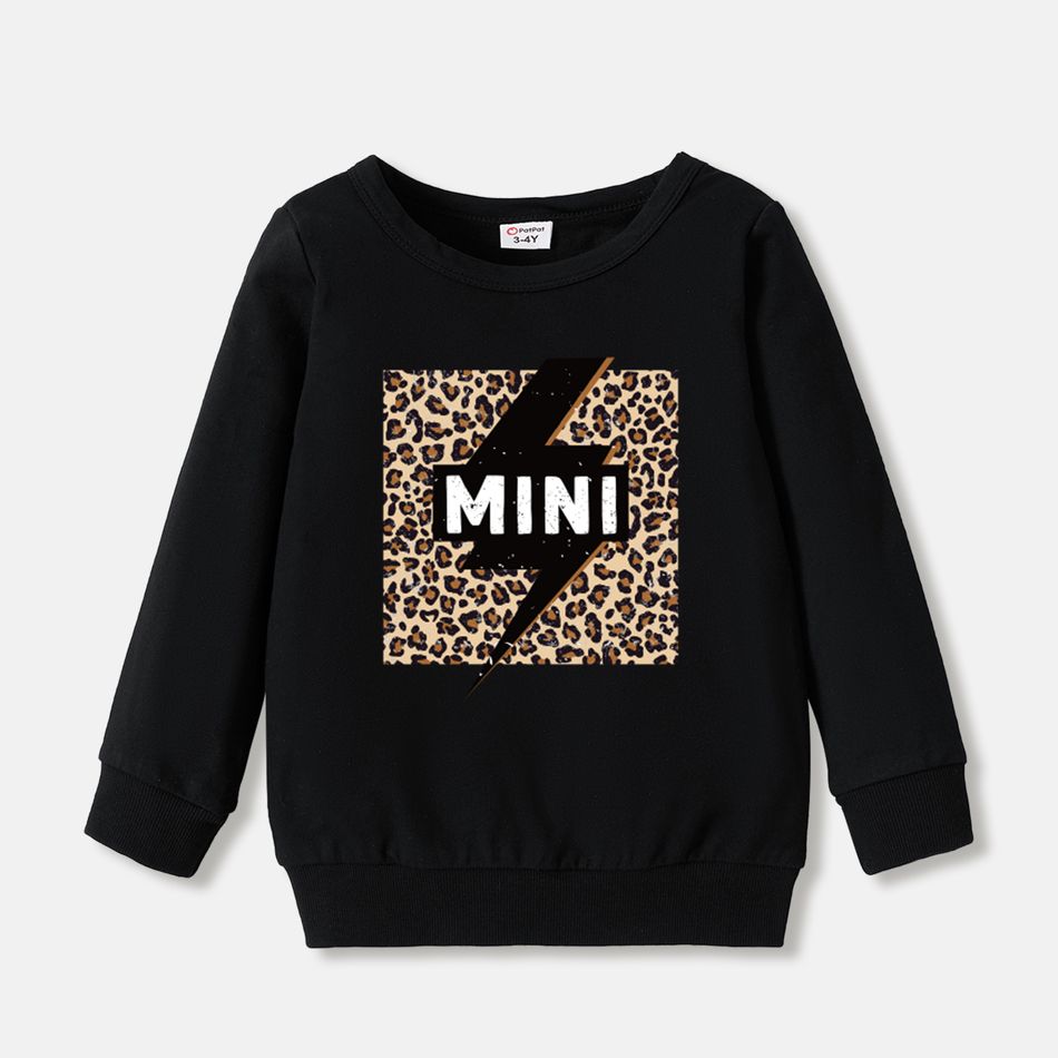 100% Cotton Long-sleeve Leopard & Letter Print Black Sweatshirts for Mom and Me Black