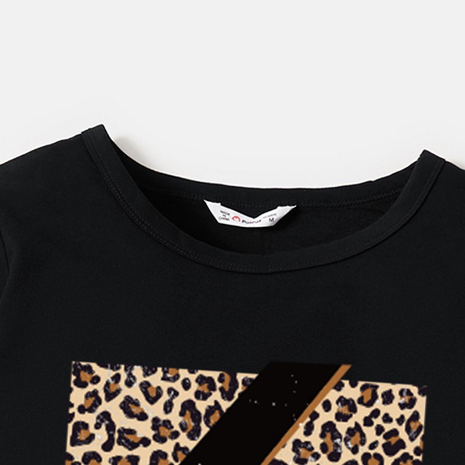 100% Cotton Long-sleeve Leopard & Letter Print Black Sweatshirts for Mom and Me Black big image 3