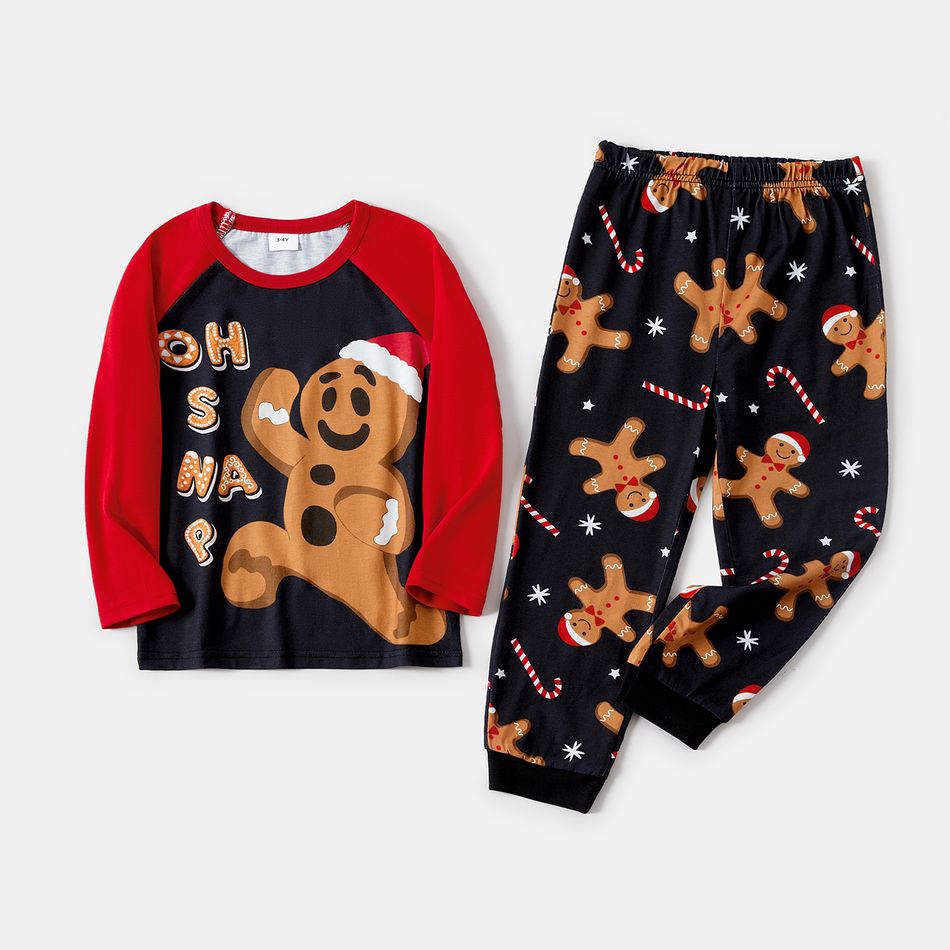 Christmas Family Matching Gingerbread Man & Letter Print Raglan-sleeve Pajamas Sets (Flame Resistant) Black big image 7