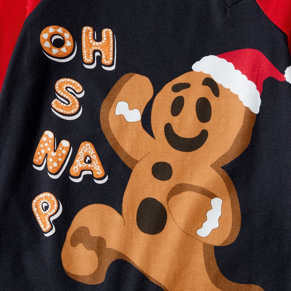Christmas Family Matching Gingerbread Man & Letter Print Raglan-sleeve Pajamas Sets (Flame Resistant) Black big image 10