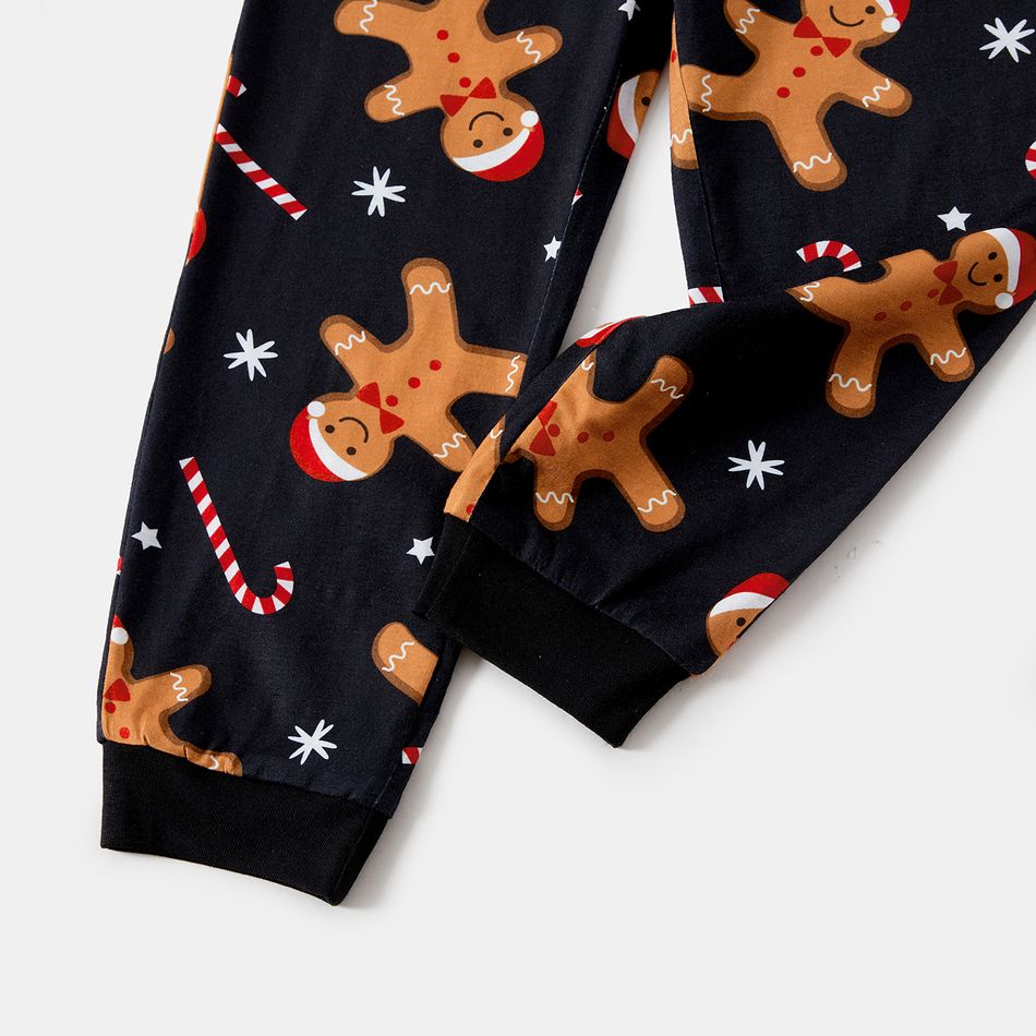 Christmas Family Matching Gingerbread Man & Letter Print Raglan-sleeve Pajamas Sets (Flame Resistant) Black big image 13